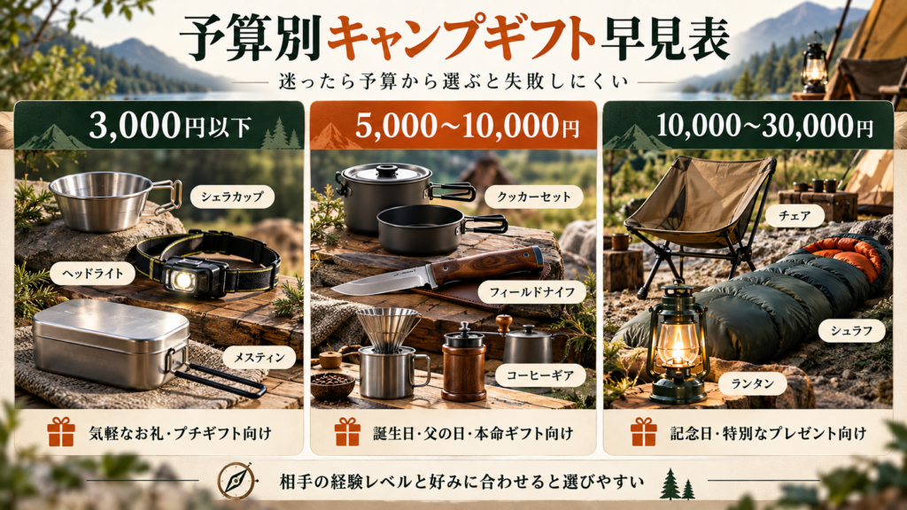 キャンプ用品プレゼントを3000円・10000円・30000円の予算別に比較した早見表
